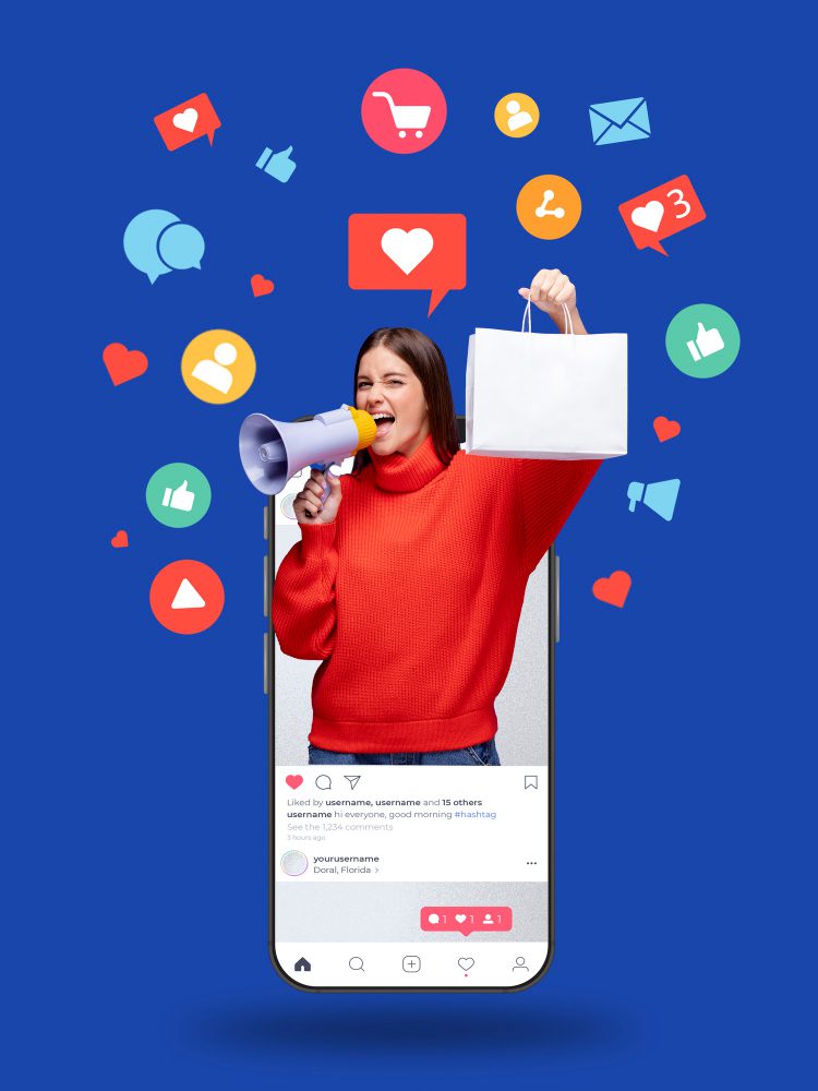Girl doing social-media-marketing holding bag with social icons